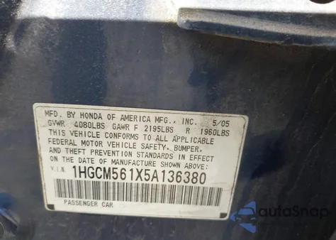 2005 Honda Accord 2.4 Dx from USA, damaged, VIN 1HGCM561X5A136380